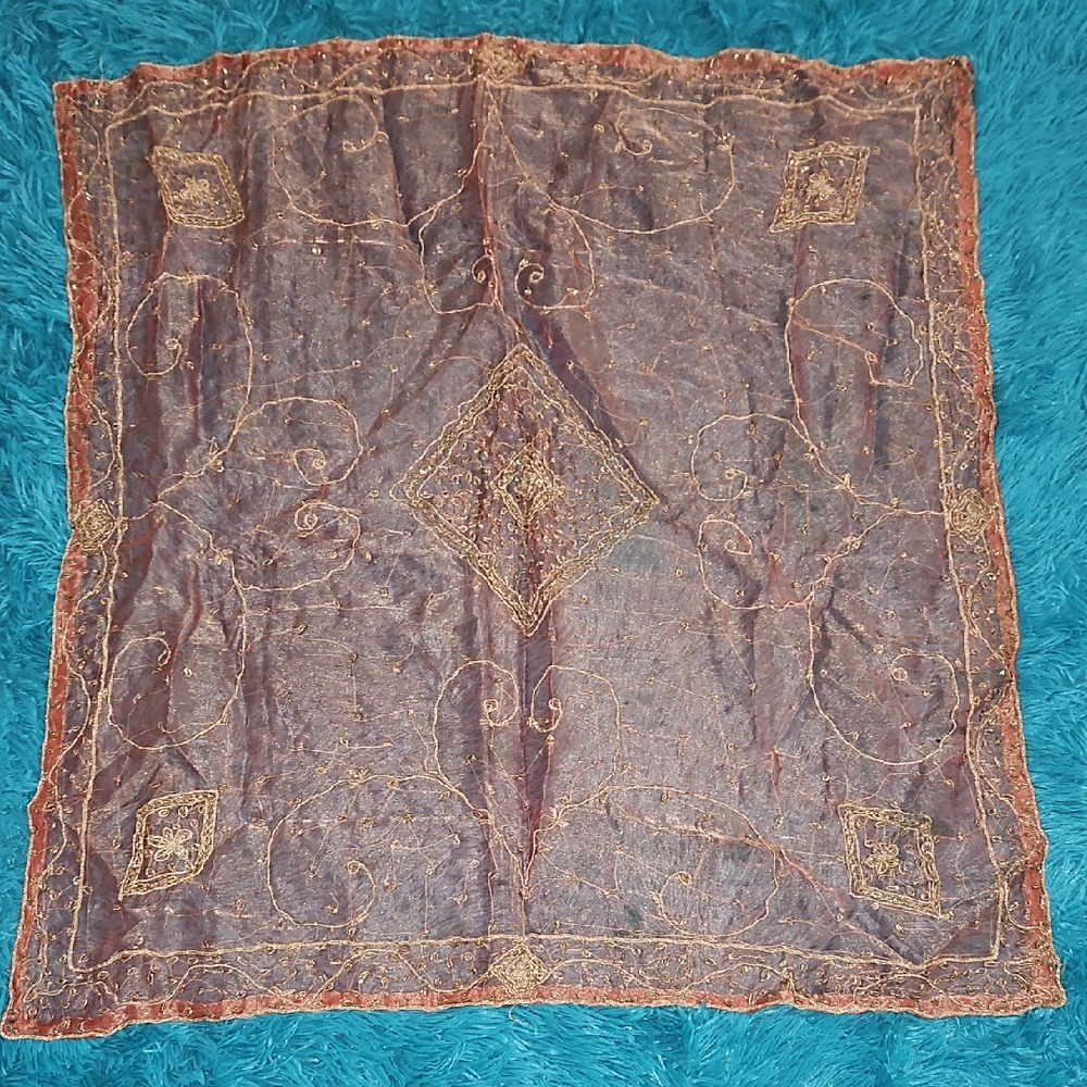 Embroidered Sheer Table Overlay in Brown and Gold